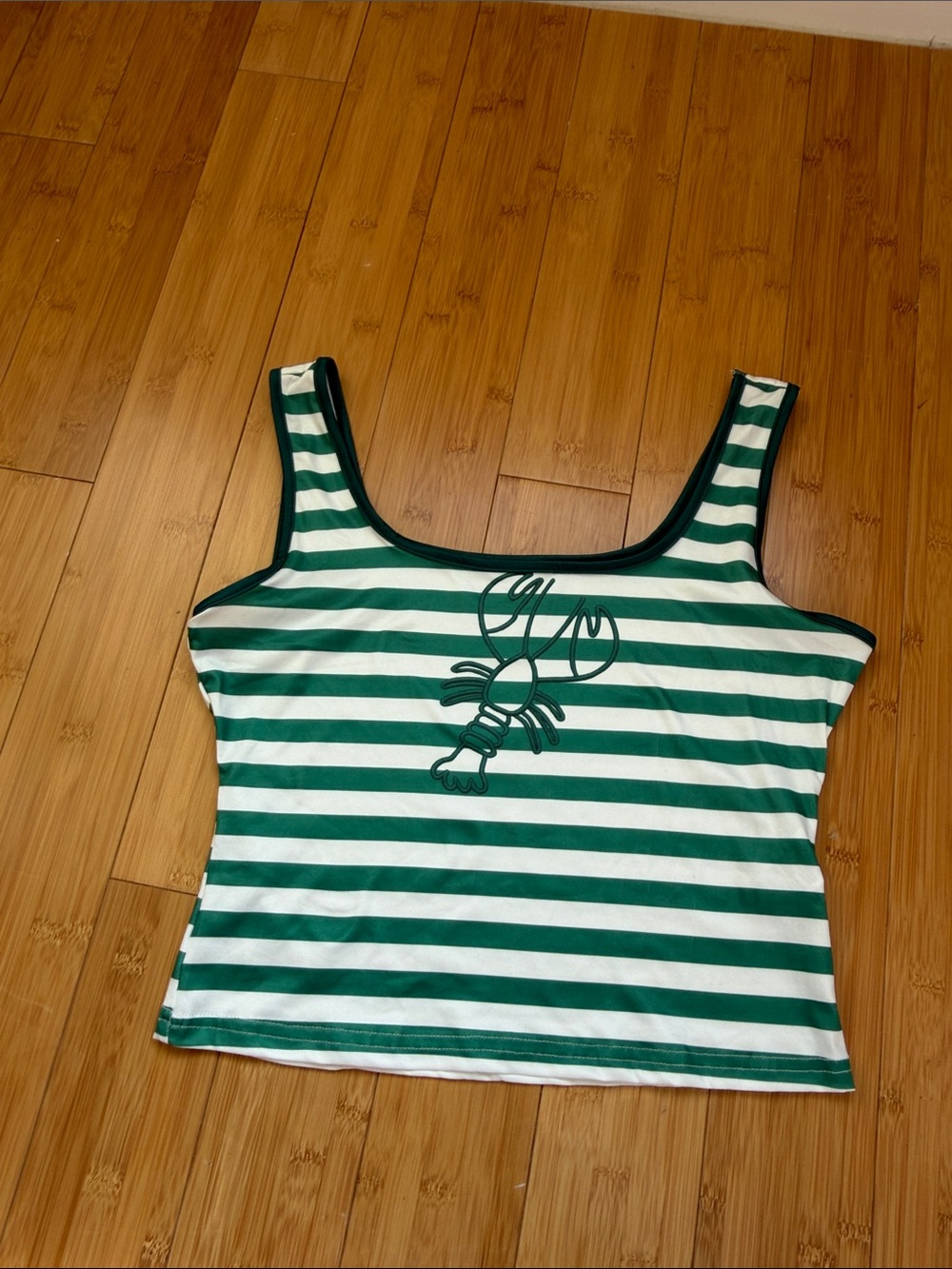 SHEIN Green & White Striped Scoop Neck Tank with Lobster Graphic